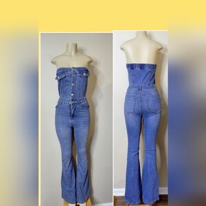 Forever 21 Strapless Blue Denim High-Waist Flared Jumpsuit